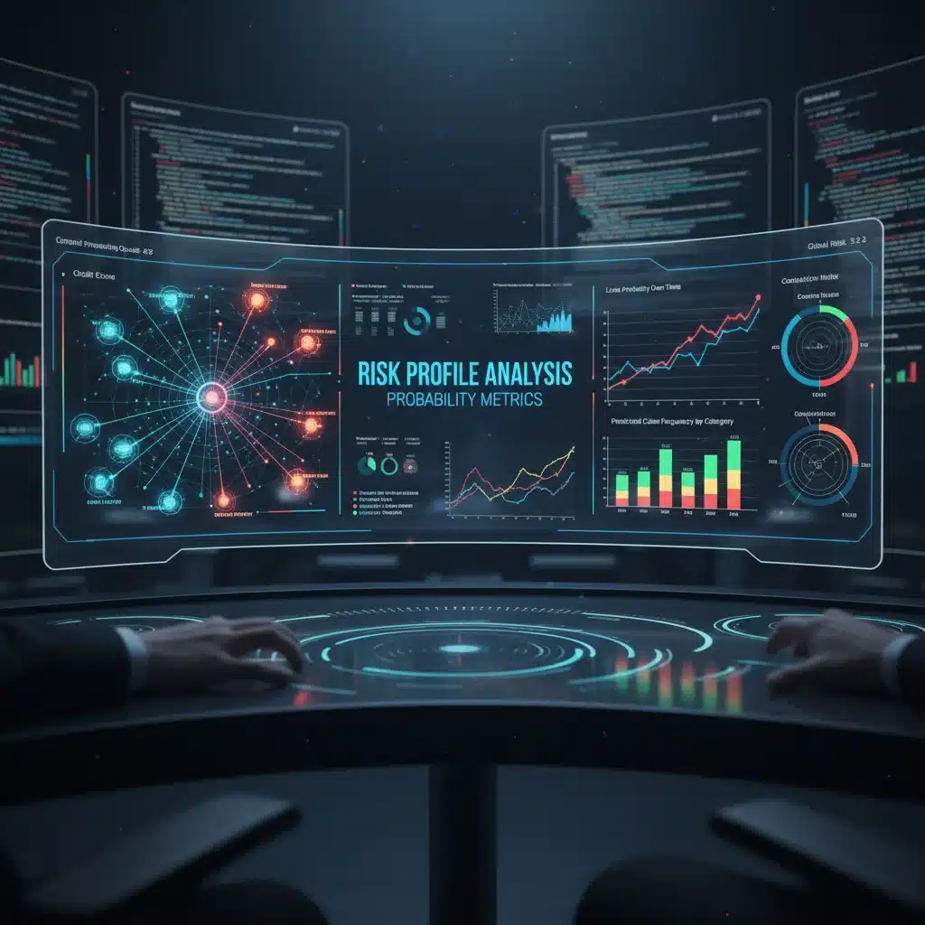 Digital interface showing risk assessment models and data analytics for insurance underwriting