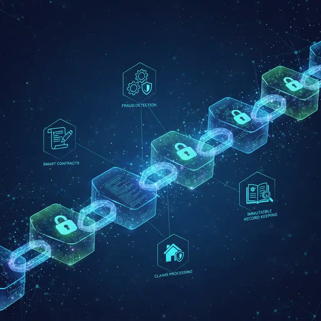 Blockchain network visualizing secure data sharing and smart contracts in the insurance industry.