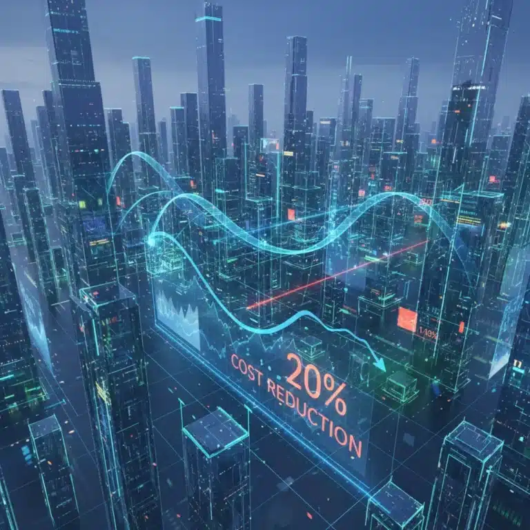 Digital city with network connections illustrating technological impact on financial markets and insurance cost reduction.