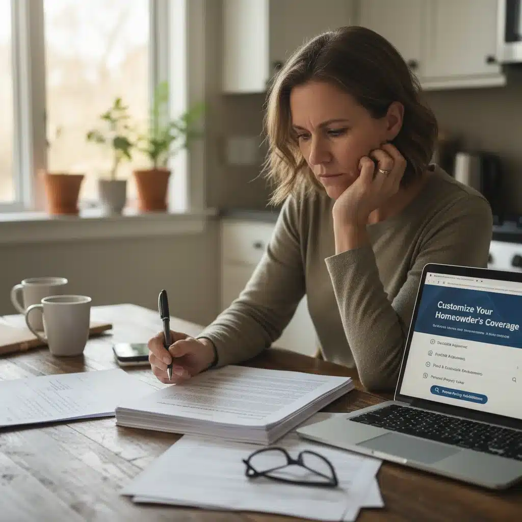 Homeowner carefully reviewing insurance policy documents with a laptop.