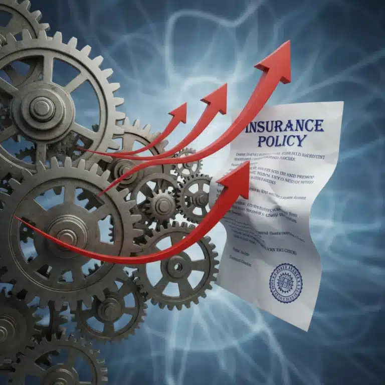 Gears and inflation arrows affecting an insurance policy document, representing industry consolidation
