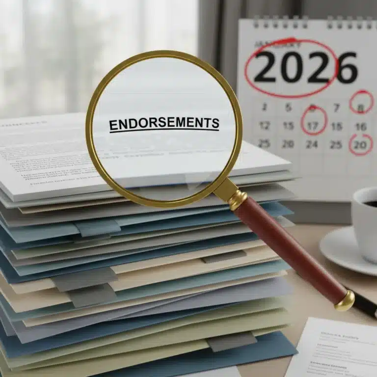 Close-up of insurance policy documents with a magnifying glass on 'Endorsements' and a 2026 calendar.
