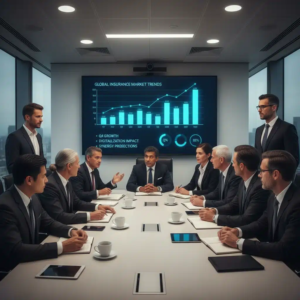 Insurance executives discussing strategic mergers and acquisitions
