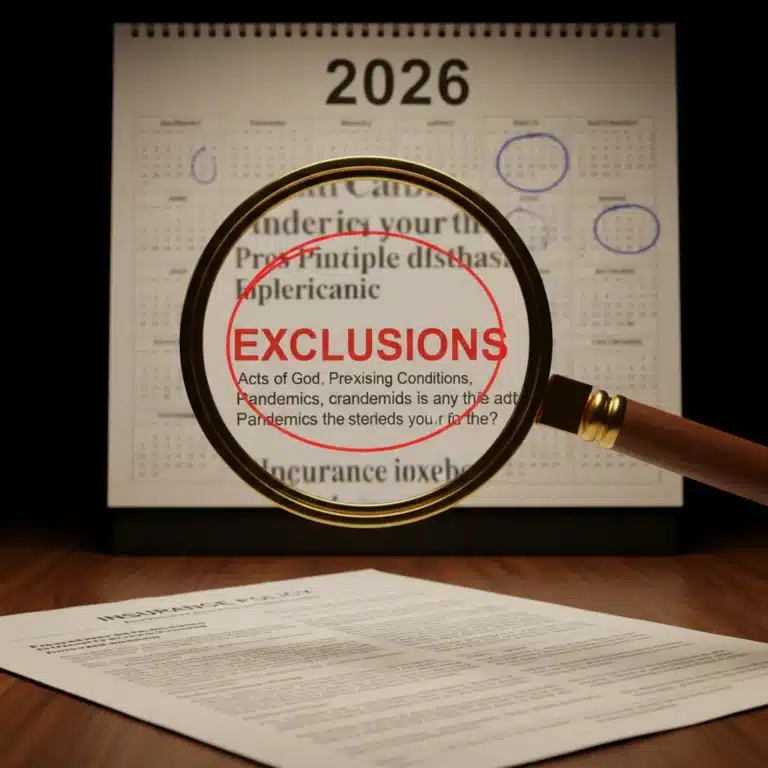 Magnifying glass examining insurance policy exclusions for 2026