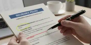 Hand reviewing an insurance policy renewal document with a pen.