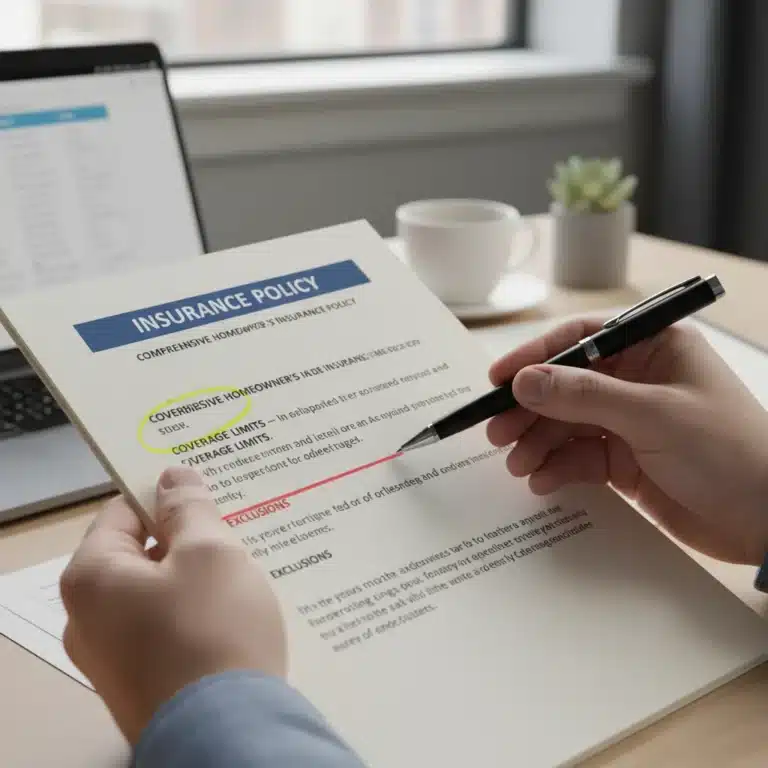 Hand reviewing an insurance policy renewal document with a pen.