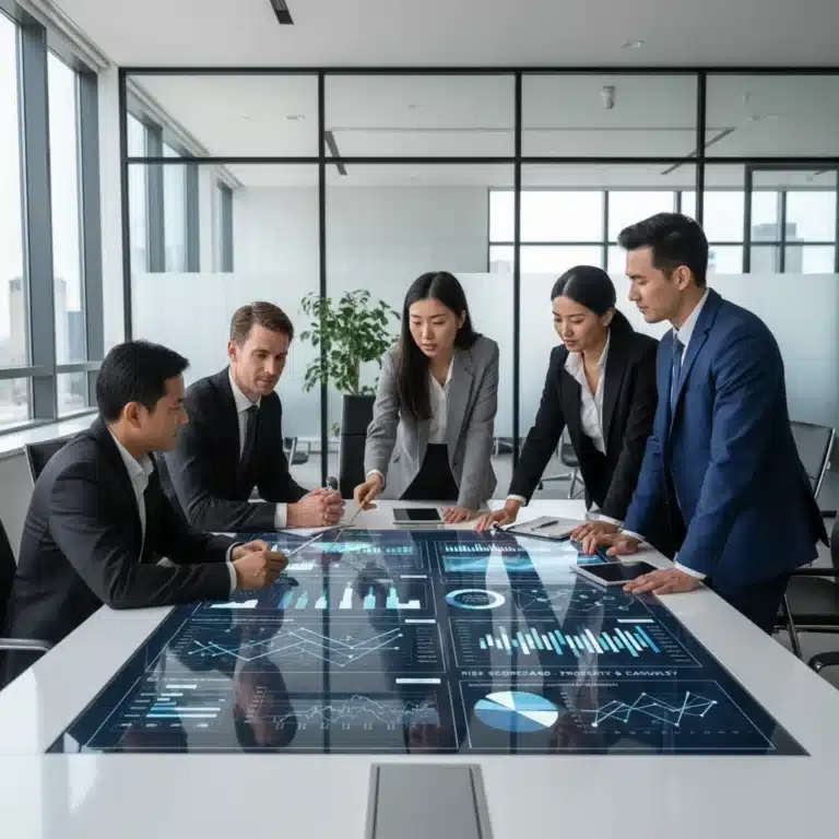 Professionals analyzing insurance risk data on a large screen