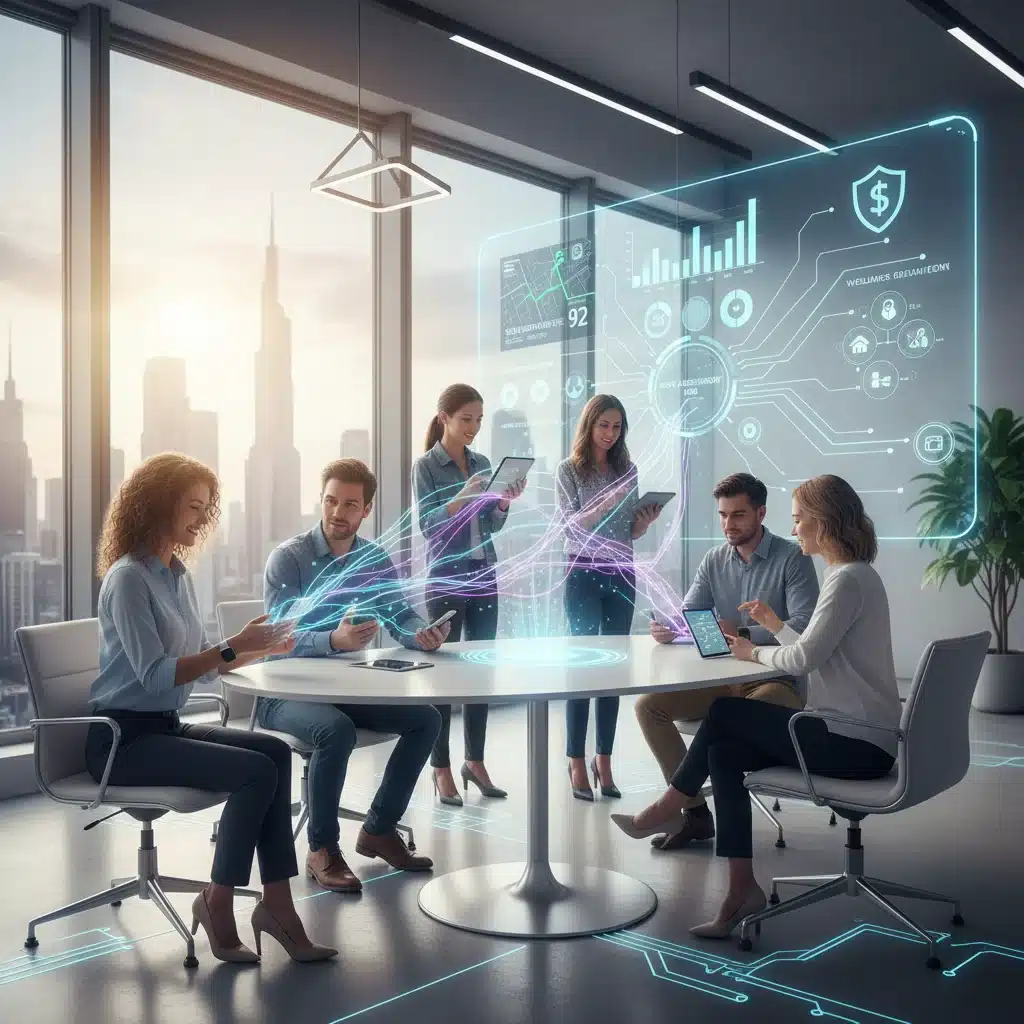 Diverse people using smart devices to manage personal data for insurance risk assessment.
