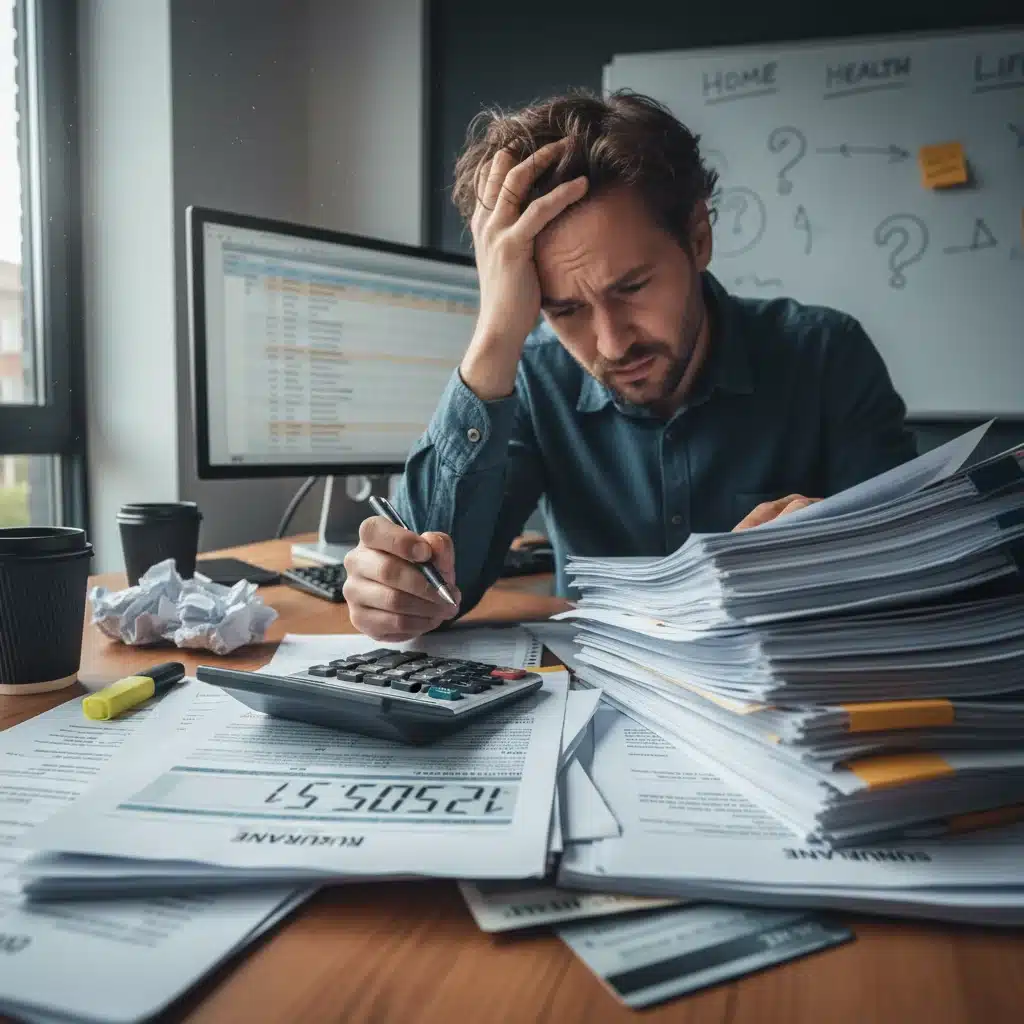 Stressed individual reviewing rising insurance premium documents and financial calculations.